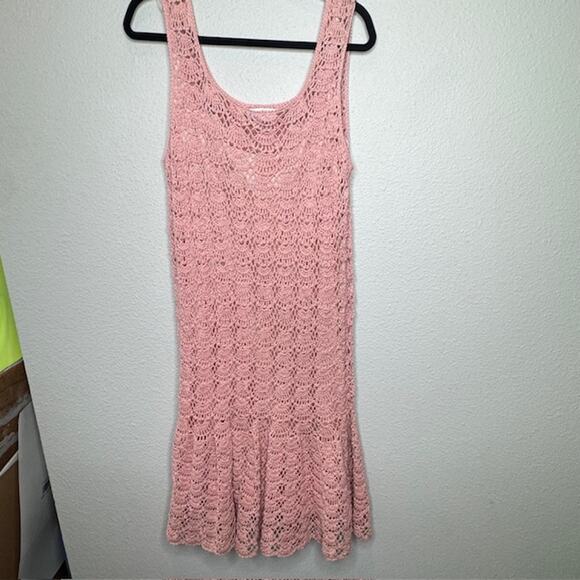 Vintage J.M. Pink Hand Crochet Blush Pink Dress and Cardigan Sz Large - Picture 1 of 16